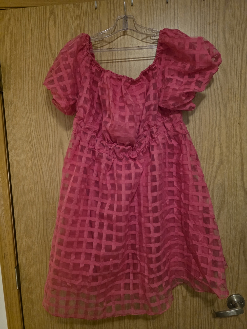 SHEIN Hot Pink Grid Organza Puff Sleeve Dress